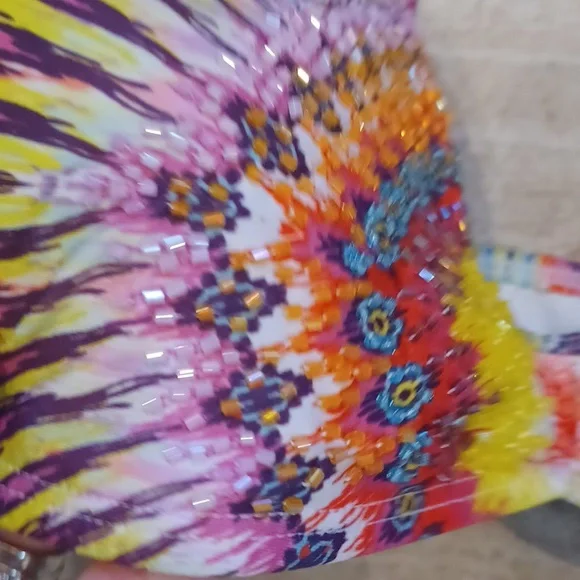 Pilyq Barcelona Multi-Colored Design Print Beaded Front Strappy Bikini Top - Picture 3 of 8